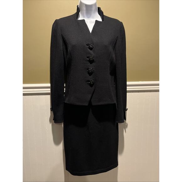 Vtg St John Evening 2pc Skirt Suit Black Santana Knit Button Front Jacket Size 2 - Picture 1 of 8